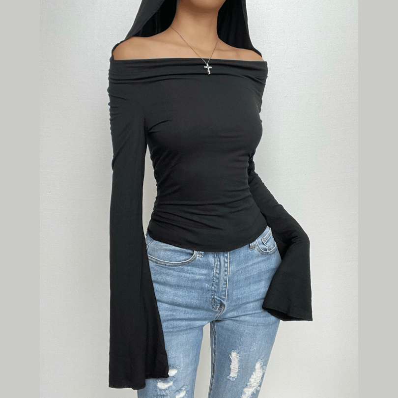 Chic Fall Flair: 2-Way Off-Shoulder Bell Sleeve Hooded Top