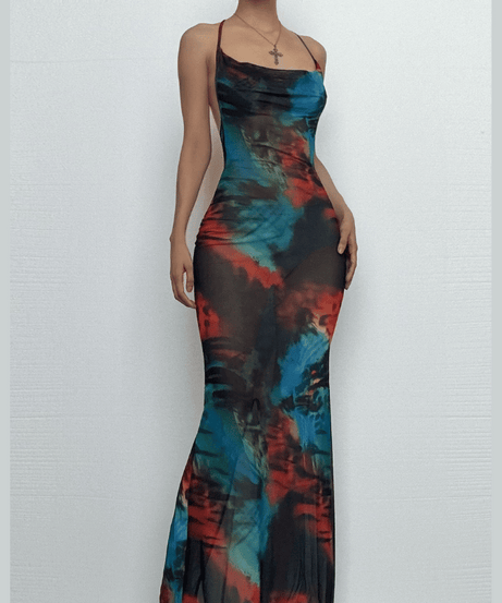 Vibrant Tie-Dye Mesh Maxi Dress – Cowl Neck Halter Backless for Fall Events & Escapes