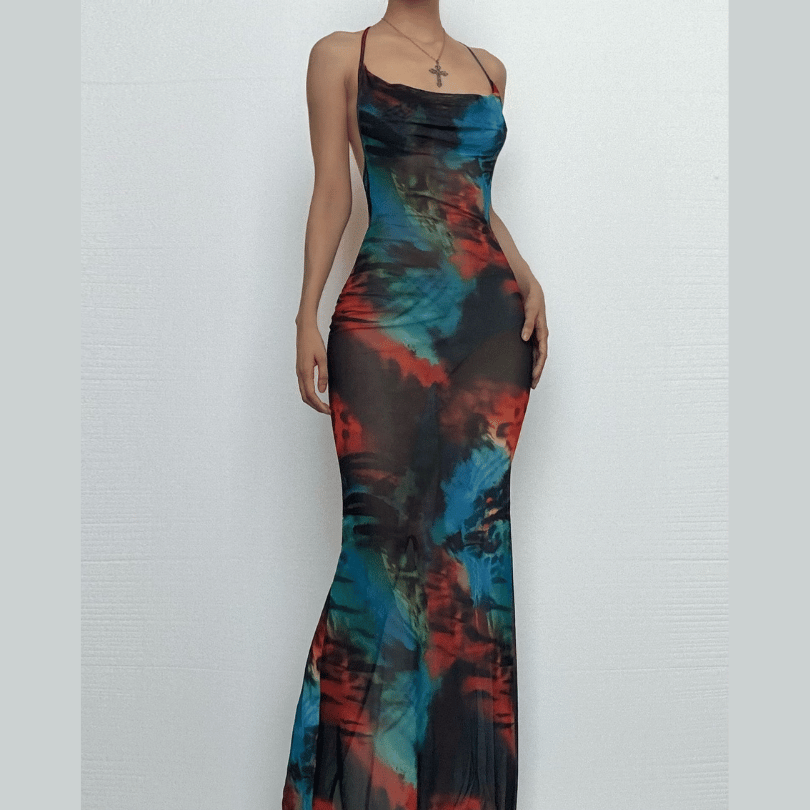 Vibrant Tie-Dye Mesh Maxi Dress – Cowl Neck Halter Backless for Fall Events & Escapes
