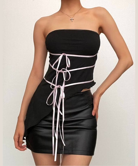 Y2K Black & Pink Ribbon Corset Tube Top - Strapless Lace-Up for Fall & Halloween Style