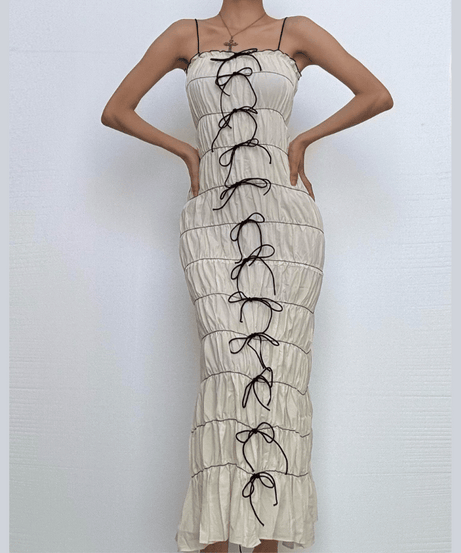 Chic & Edgy Bow-Detail Ruched Bodycon Maxi Dress | Fall Glamour