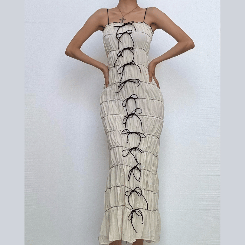 Chic & Edgy Bow-Detail Ruched Bodycon Maxi Dress | Fall Glamour