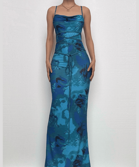 Gorgeous Blue Abstract Floral Maxi Dress - Cowl Neck Lace-Up Backless for Fall Events & Resort Escapes