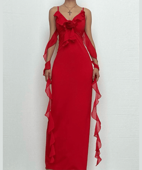 Siren Red Backless Ruffle Maxi Dress - Holiday Gala & Fall Elegance