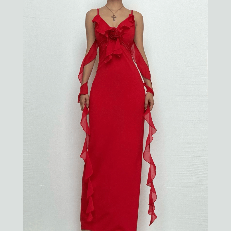 Siren Red Backless Ruffle Maxi Dress - Holiday Gala & Fall Elegance