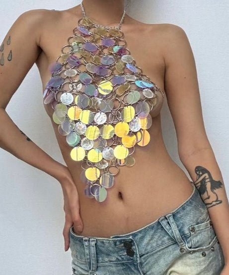 Shimmering Holographic Chainmail Halter Top | Festival, Rave & NYE Party Ready