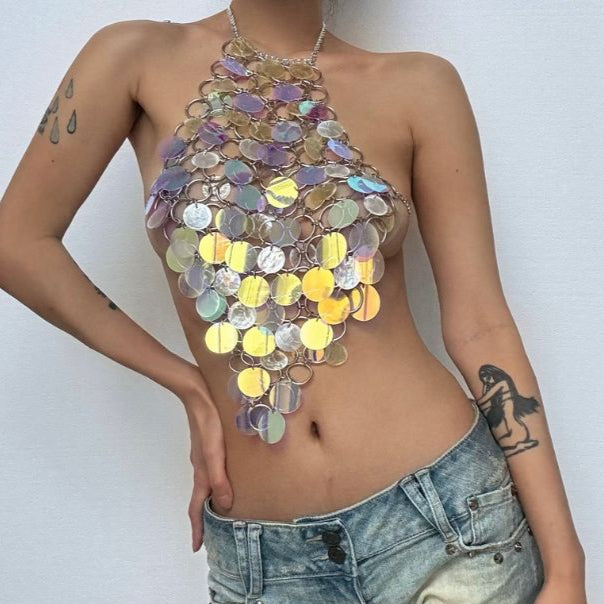 Shimmering Holographic Chainmail Halter Top | Festival, Rave & NYE Party Ready