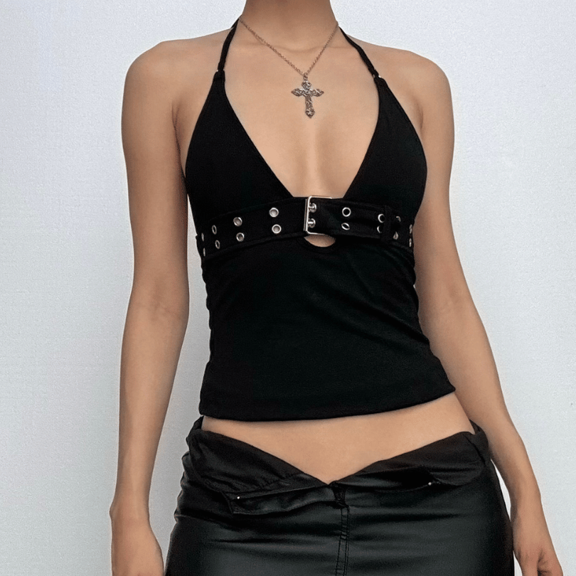 Fall Nights Out: Edgy Buckle & Grommet Plunge Halter Top - Y2K Fashion