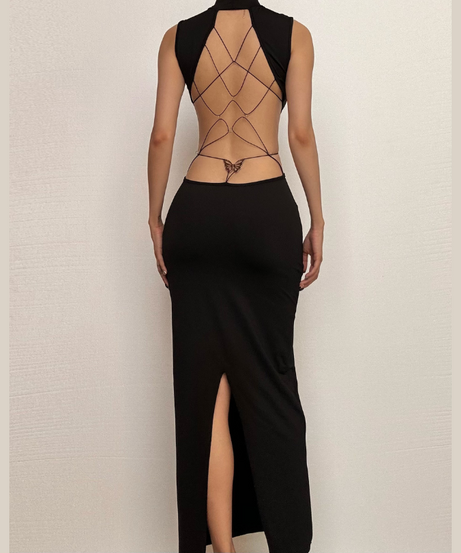 Sleek Black Backless Butterfly Chain Midi Dress with Thigh Slit – Fall & Holiday Event Ready