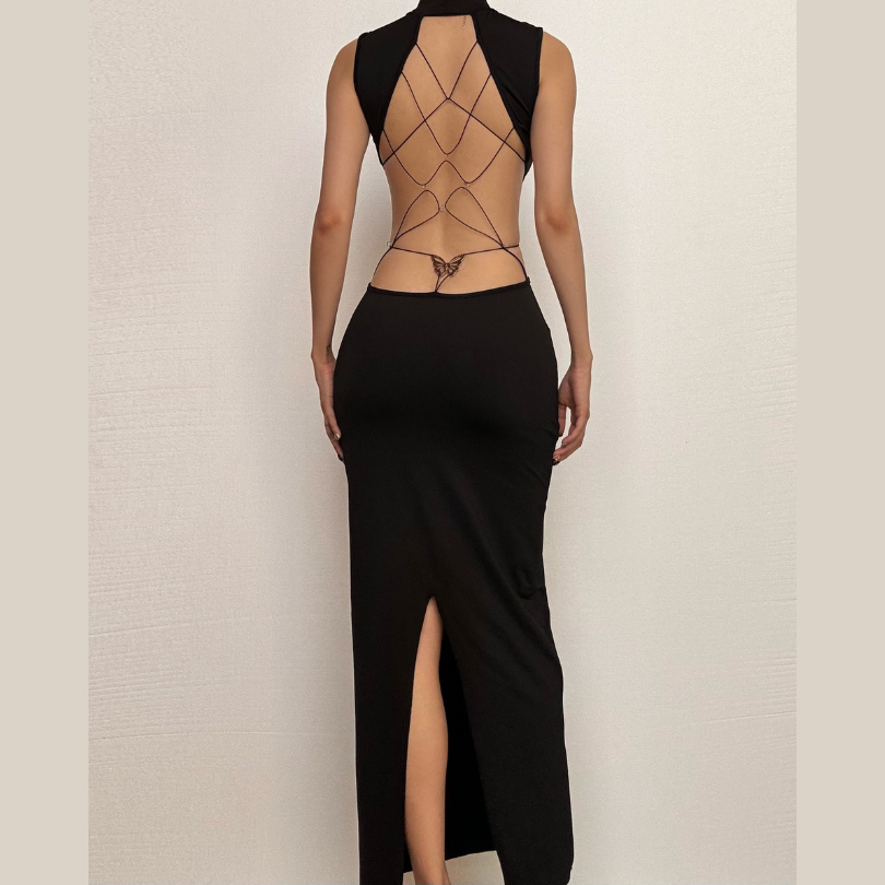Sleek Black Backless Butterfly Chain Midi Dress with Thigh Slit – Fall & Holiday Event Ready