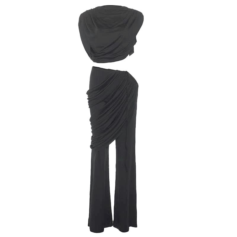 Chic Black Draped & Ruched Two-Piece Set | Your Fall & Holiday Event Essential