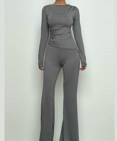 Effortless Fall Chic: Ruched Long Sleeve Top & Wide-Leg Pant Set | Cozy Elevated Loungewear