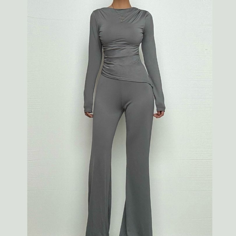Effortless Fall Chic: Ruched Long Sleeve Top & Wide-Leg Pant Set | Cozy Elevated Loungewear
