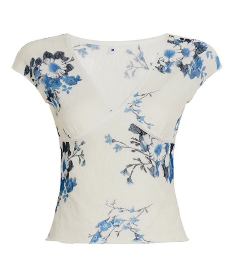 Y2K Chic Blue Floral V-Neck Crop Top - Delicate Cap Sleeve Blouse for Effortless Fall Layering