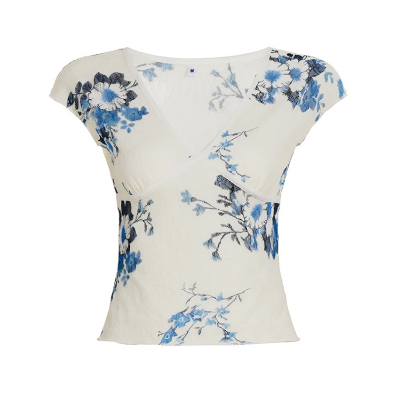 Y2K Chic Blue Floral V-Neck Crop Top - Delicate Cap Sleeve Blouse for Effortless Fall Layering
