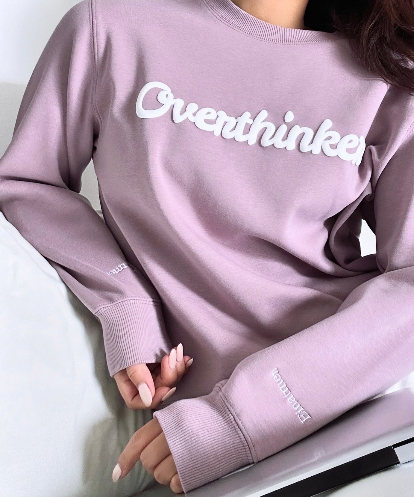 Overthinker Cozy Lavender Crewneck Sweatshirt | Mindful "Breathe In, Breathe Out" Cuffs