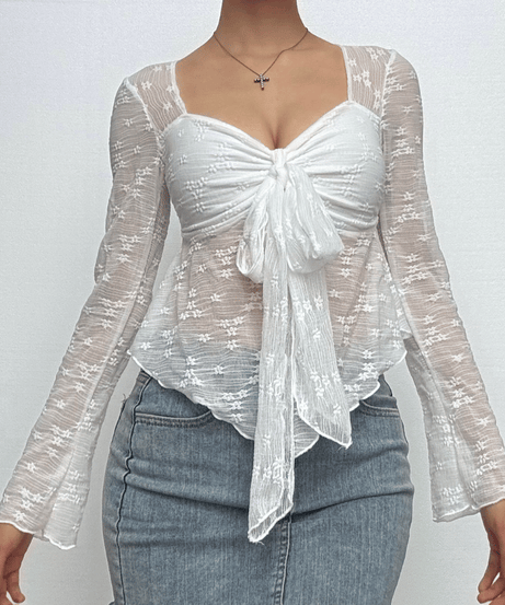 Autumn Whispers Sheer Floral Tie-Front Blouse - Romantic Y2K Long Sleeve Top for Women