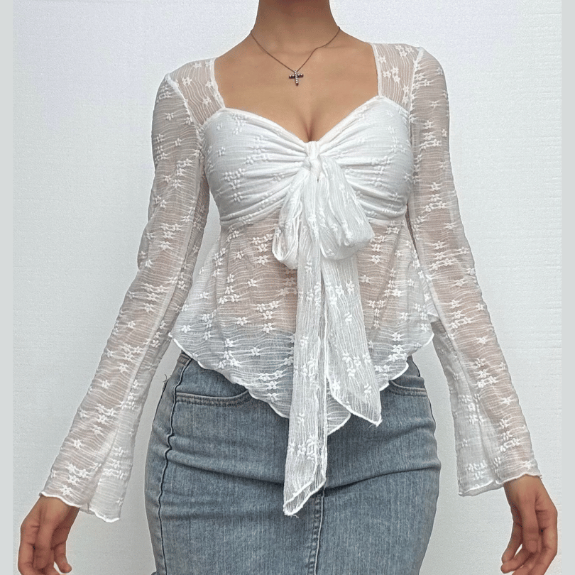 Autumn Whispers Sheer Floral Tie-Front Blouse - Romantic Y2K Long Sleeve Top for Women