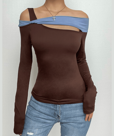 Effortless Chic Asymmetric Off-Shoulder Long Sleeve Top - Trendy Fall Contrast Panel