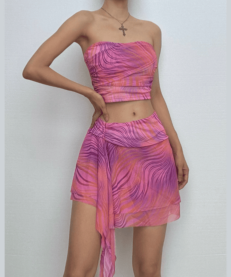Y2K Pink Swirl Mesh Two-Piece Set: Strapless Crop Top & Asymmetric Mini Skirt - Perfect for Fall Getaways & Parties