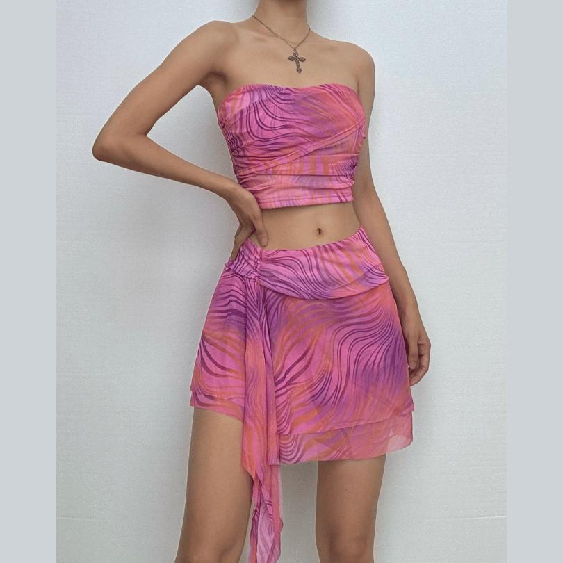 Y2K Pink Swirl Mesh Two-Piece Set: Strapless Crop Top & Asymmetric Mini Skirt - Perfect for Fall Getaways & Parties