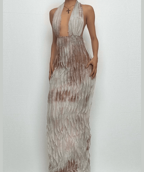 Ethereal Ruffle Halter Plunge Maxi Dress | Backless Resort & Destination Getaway Gown