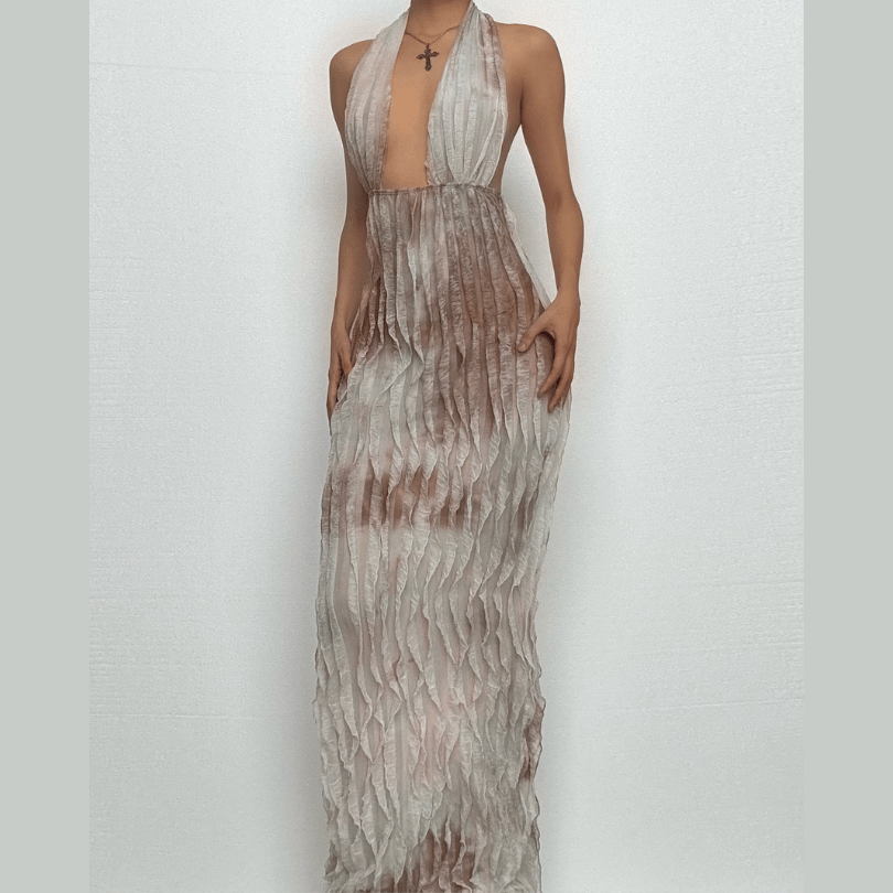 Ethereal Ruffle Halter Plunge Maxi Dress | Backless Resort & Destination Getaway Gown