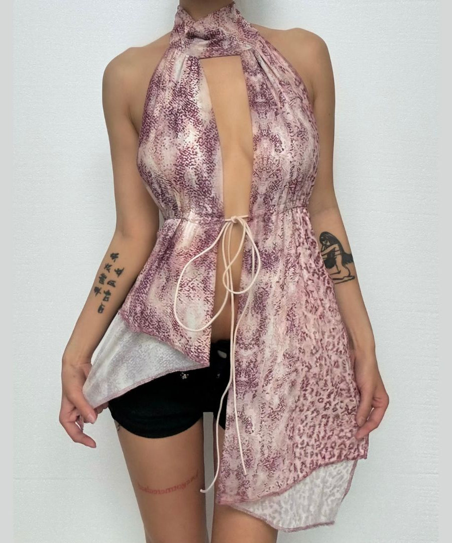 Wild Instincts Halter Top: Pink Leopard Print Mesh Plunge with Self-Tie | Fall & Party Ready