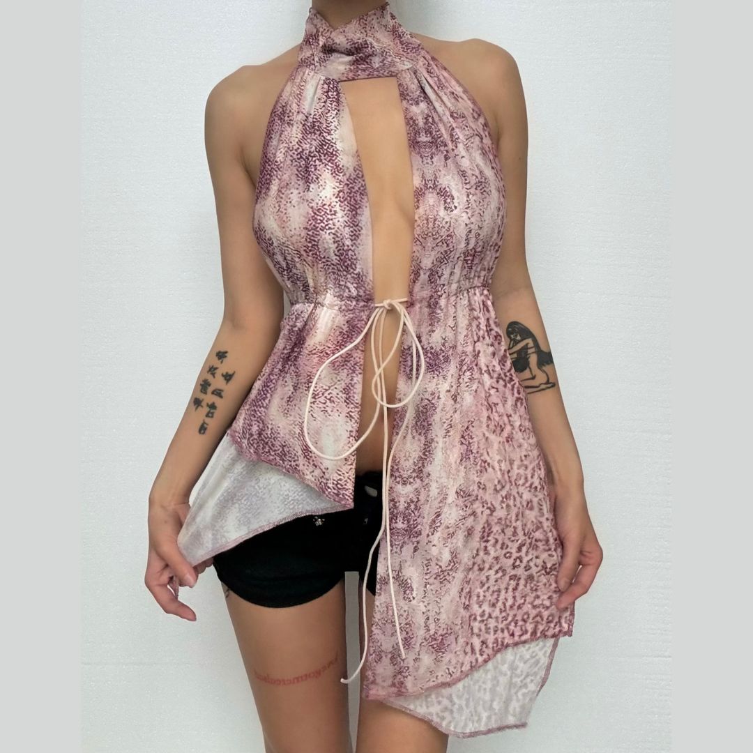 Wild Instincts Halter Top: Pink Leopard Print Mesh Plunge with Self-Tie | Fall & Party Ready