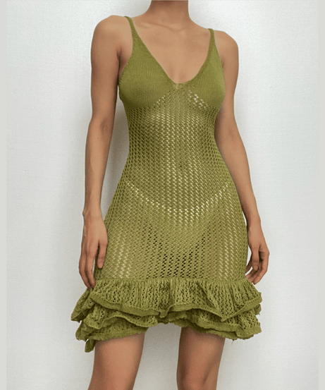 Effortless Boho Olive Crochet Mini Dress | V-Neck Ruffle Beach Cover-Up & Fall Vacation Essential