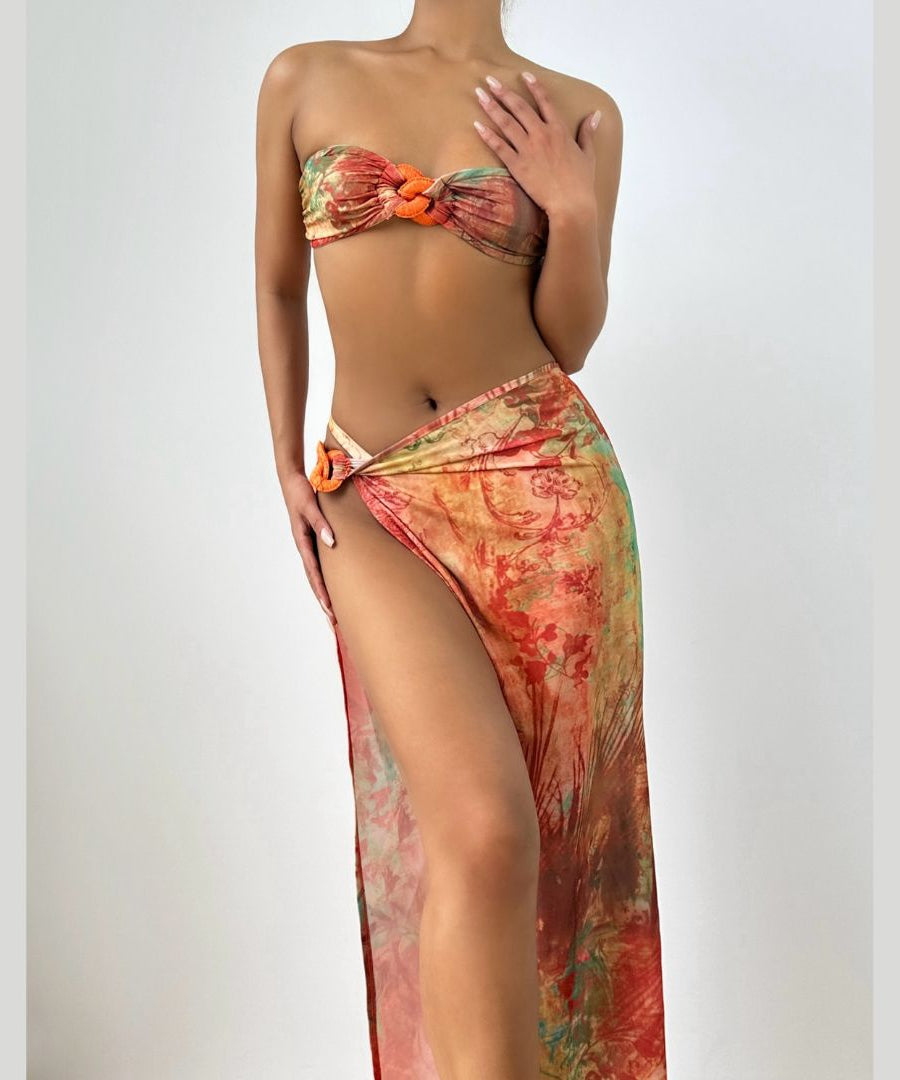 Vibrant Tropical Print Bandeau & High-Slit Maxi Skirt Set – Your Chic Fall Getaway Essential