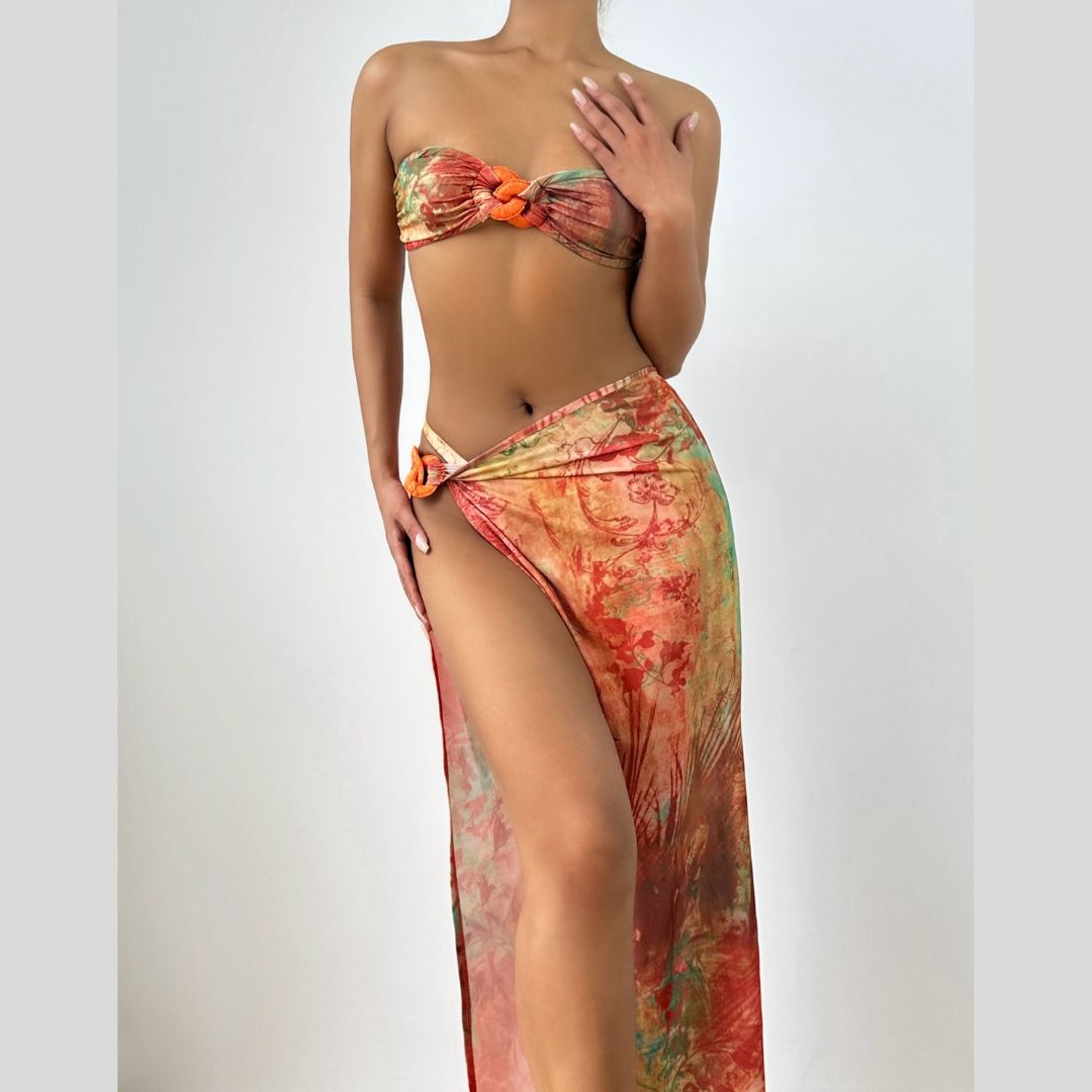 Vibrant Tropical Print Bandeau & High-Slit Maxi Skirt Set – Your Chic Fall Getaway Essential