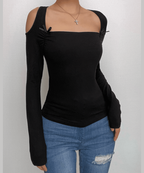 Modern Romance: Black Square Neck Cold Shoulder Long Sleeve Top with Bows – Your Chic Fall Staple