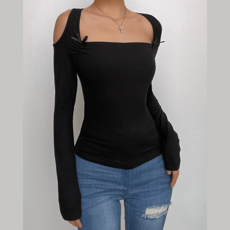 Modern Romance: Black Square Neck Cold Shoulder Long Sleeve Top with Bows – Your Chic Fall Staple
