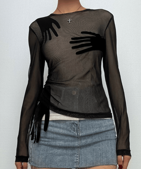 Mysterious Embrace Sheer Mesh Long Sleeve Top - Edgy Fall Fashion for Women