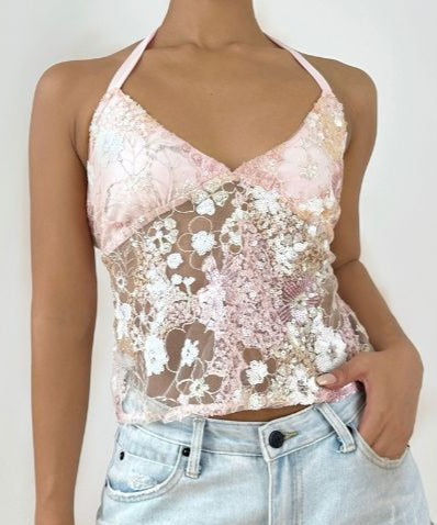 Dazzling Pink Sequin Halter V-Neck Top - Chic Night Out & Fall Event Ready