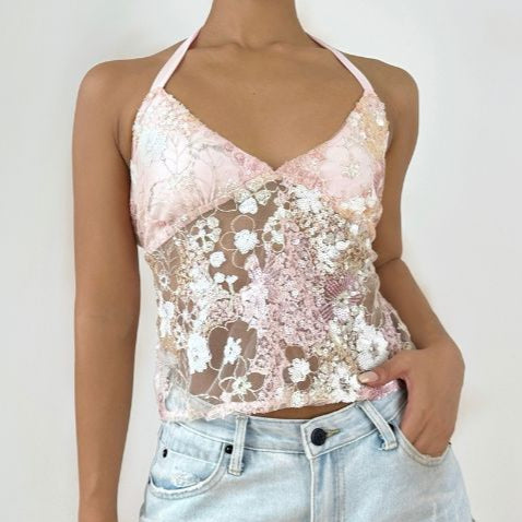 Dazzling Pink Sequin Halter V-Neck Top - Chic Night Out & Fall Event Ready