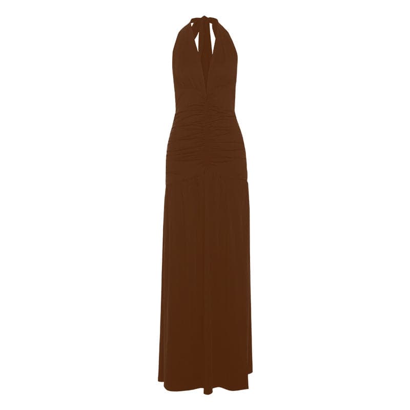 Alluring Black Halter V-Neck Ruched Backless Maxi Dress - Your Fall & Holiday Party Statement