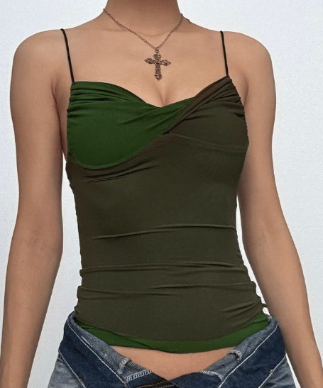 Fall Chic Olive Green Contrast Ruched Cami Top - Trendy Slim Fit Tank