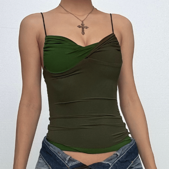 Fall Chic Olive Green Contrast Ruched Cami Top - Trendy Slim Fit Tank
