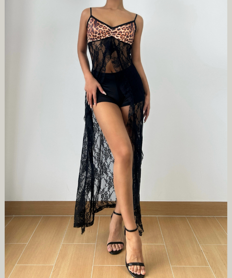 Sizzling Leopard & Lace Maxi Overlay Shorts Set - Perfect for Fall Nights & Vacation Escapes