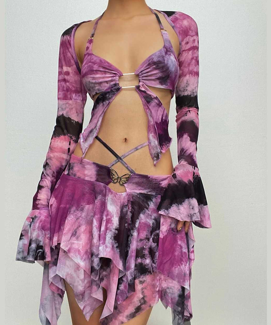 Enchanted Fairycore Tie-Dye Mini Skirt Set - Butterfly Halter Top & Flared Sleeves for Halloween & Rave Parties