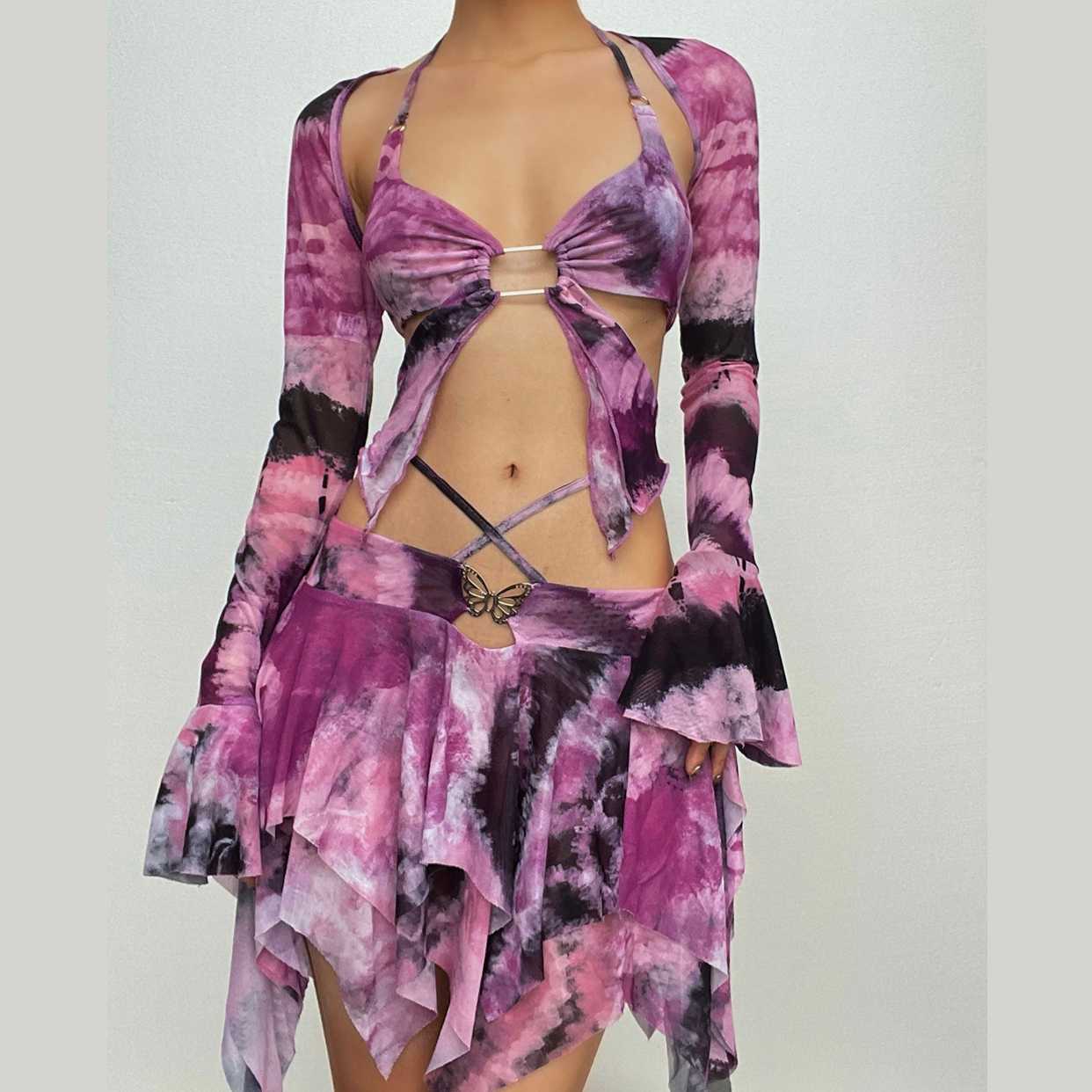 Enchanted Fairycore Tie-Dye Mini Skirt Set - Butterfly Halter Top & Flared Sleeves for Halloween & Rave Parties