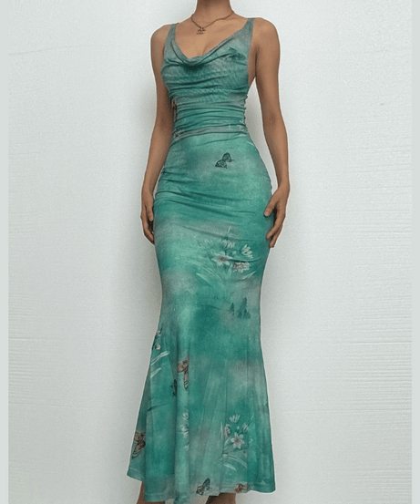 Dreamy Butterfly Print Ruched Mesh Maxi Dress | Cowl Neck & Mermaid Hem for Effortless Fall Style