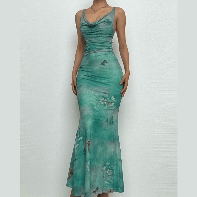 Dreamy Butterfly Print Ruched Mesh Maxi Dress | Cowl Neck & Mermaid Hem for Effortless Fall Style