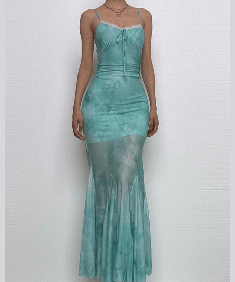 Ethereal Aqua Tie-Dye Mesh Maxi Dress - Ruched Cami & Mermaid Hem | Fall Getaway Chic