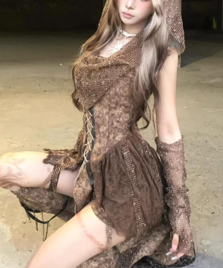 Enchanted Forest Fairy Grunge Distressed Lace-Up Corset Top & Skirt Set – Halloween & Ren Faire Ready