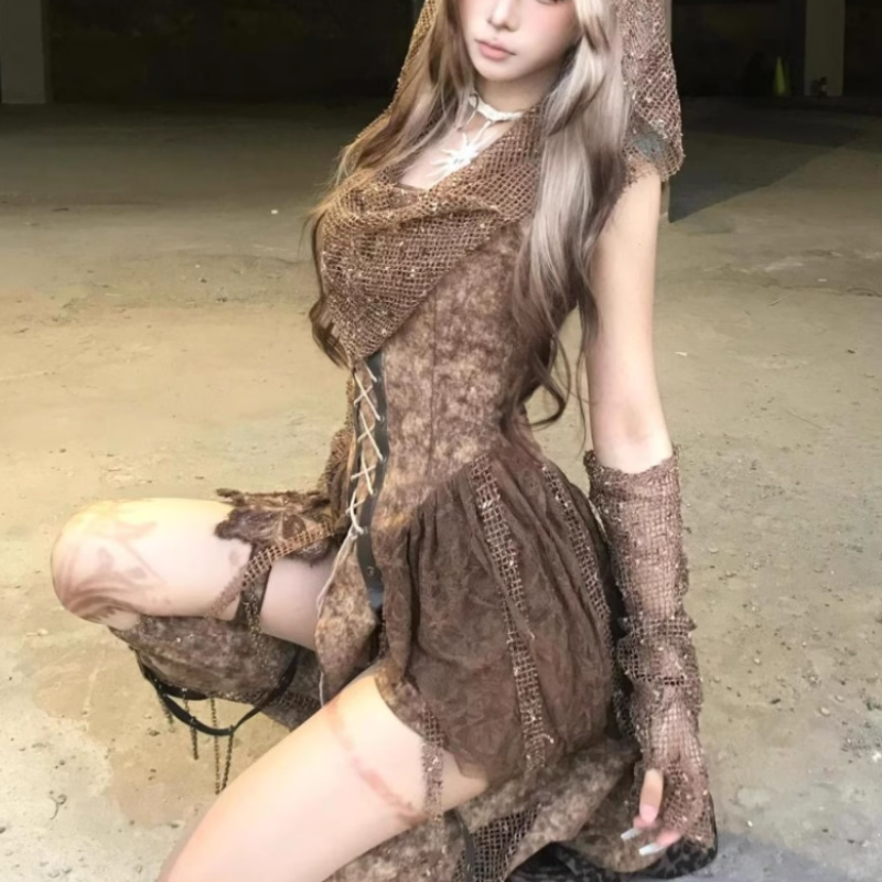 Enchanted Forest Fairy Grunge Distressed Lace-Up Corset Top & Skirt Set – Halloween & Ren Faire Ready