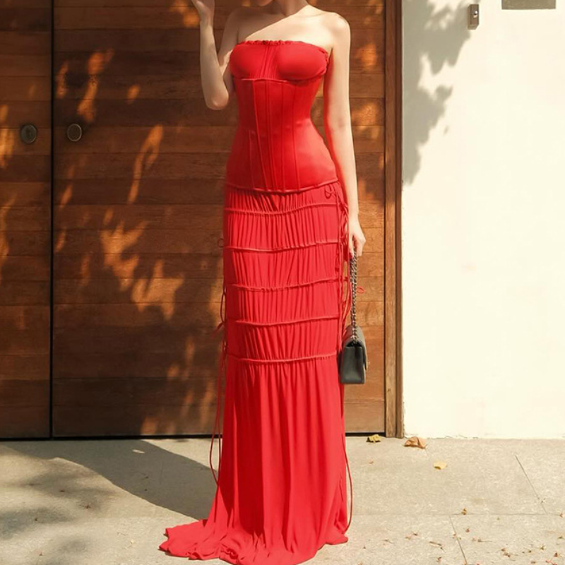 Ruby Red Strapless Corset Bodycon Midi Dress - Fall & Holiday Party Essential