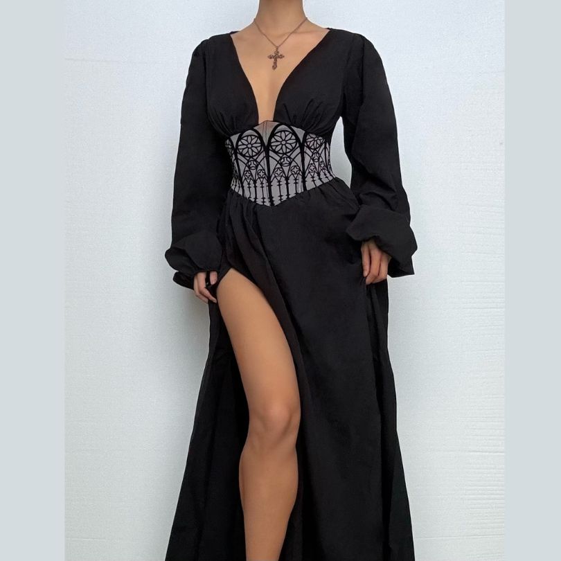 Gothic Cathedral Corset Maxi Dress | Deep V-Neck & Slit - Fall & Halloween Style